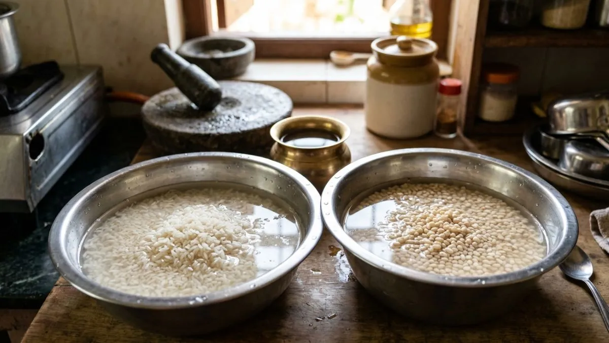 4 लोगों के लिए डोसा बनाने के लिए कितनी उड़द की दाल और चावल भिगोए?